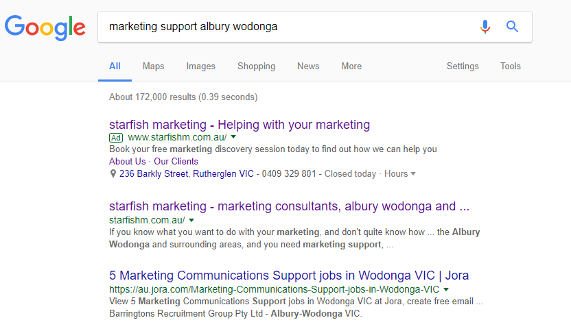 starfish marketing SEM webgrab example of starfish marketing SEM results