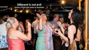 Women laughing and blowing bubbles at a business celebration event, representing creativity, collaboration and different approaches in business and marketing.