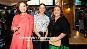 Three women who each run marketing or marketing related businesses stand together at Starfish Marketing’s 10 year celebration, smiling at the camera. The image includes the words “Collaboration over competition, Lesson 9 from ten years in business”.